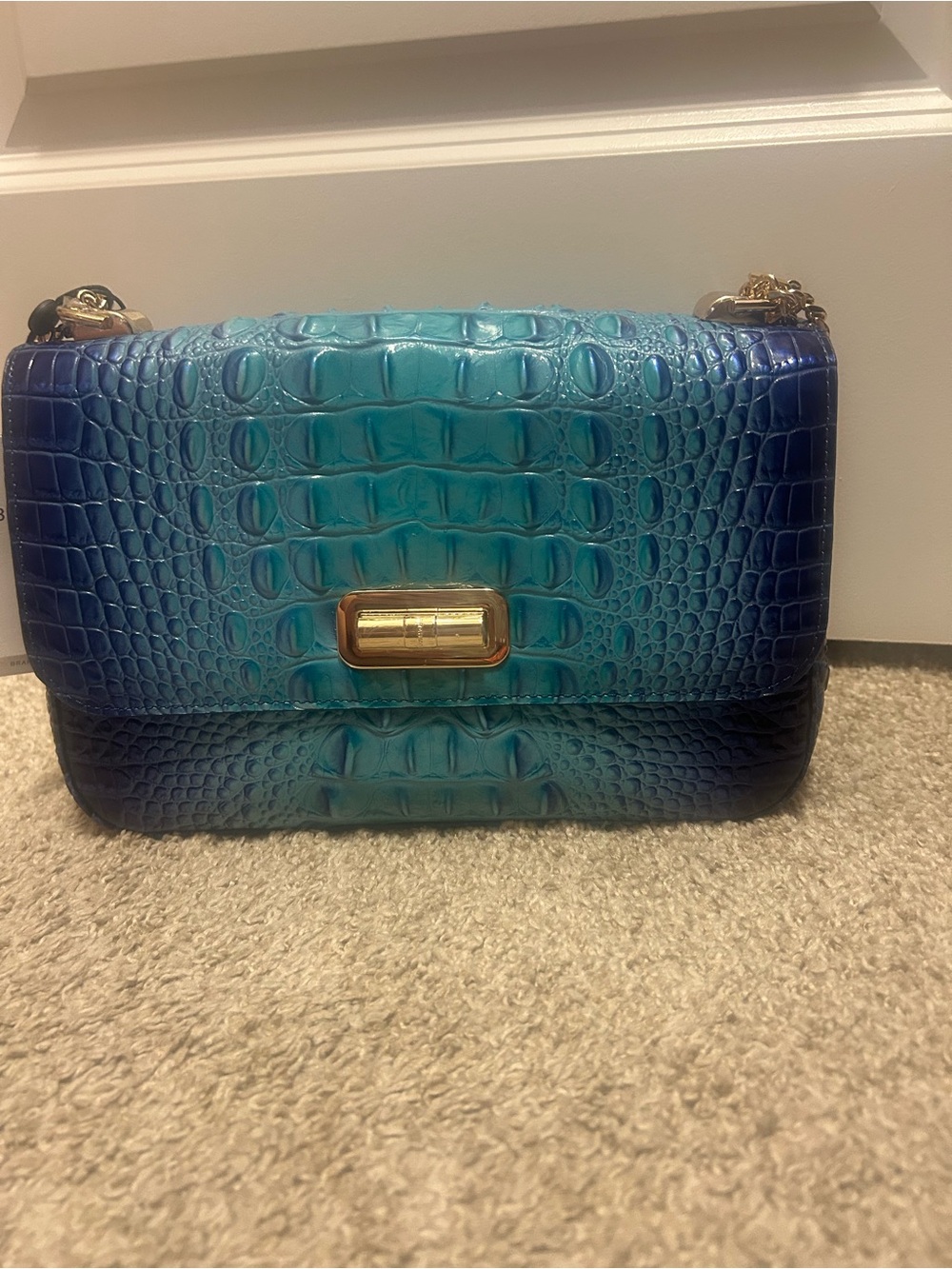 Brahmin Blue-to-Teal Ombre Croc-Embossed Shoulder Bag with Gold Hardware
